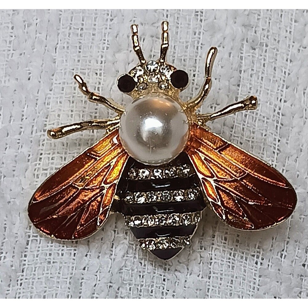 Super Cute Enamel Faux Pearl & Rhinestone Bumble Bee Brooch 1.25 in